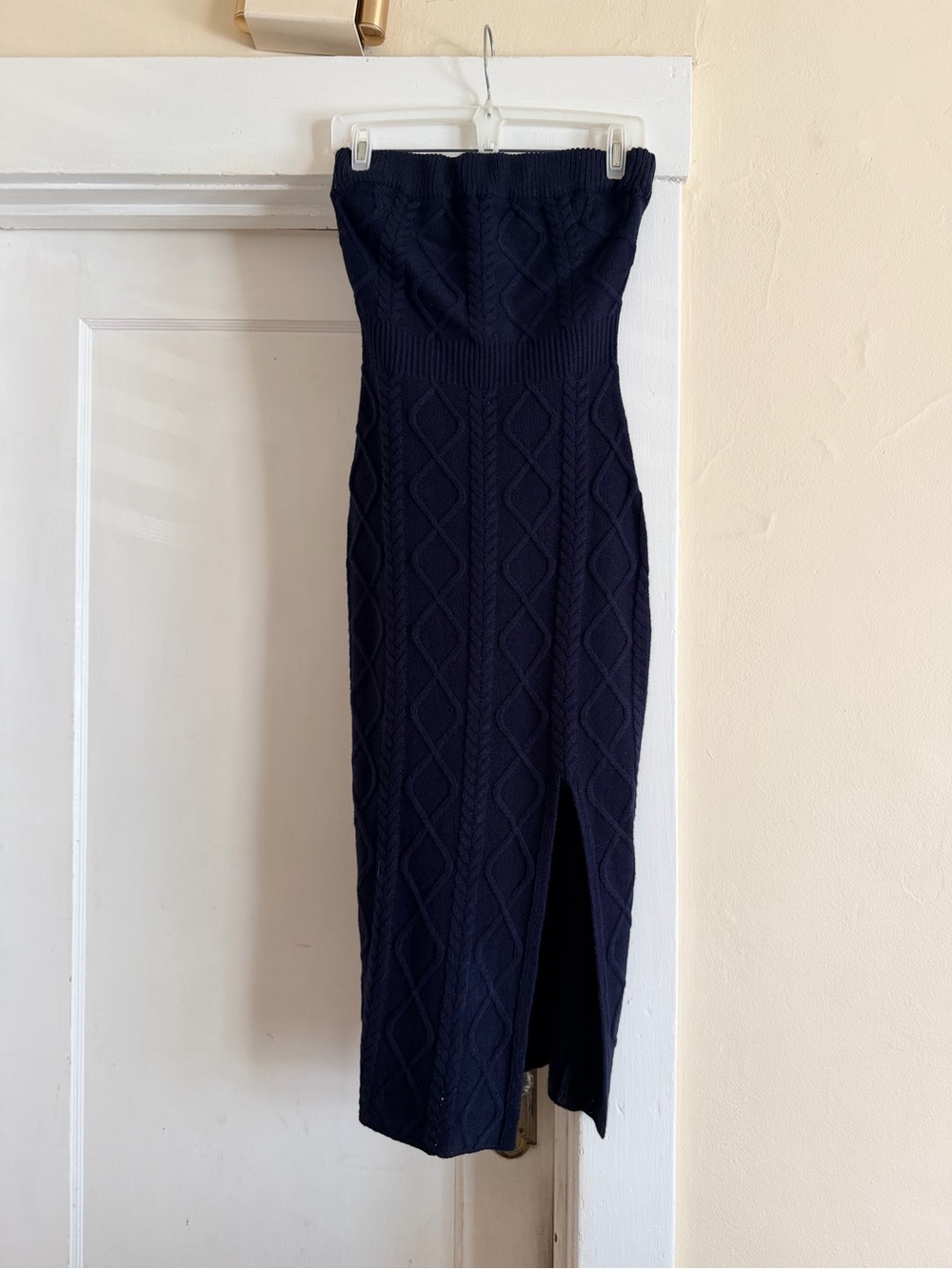 Strapless Cable-Knit Midi Dress in Navy